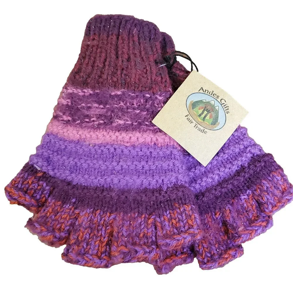 ANDES GIFTS Fingerless Gloves Red Pink Purple Striped Knit Handmade Alpaca Blend